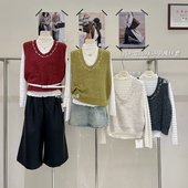 复古V领针织马甲 叠穿白色蕾丝边长袖 内搭套装 法式 1359 0369