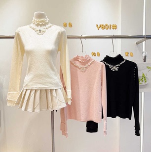 801 法式 YS1 针织衫 WHT 重工钉珠木耳边半高领内搭打底衫