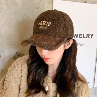 羊羔绒帽子女秋冬季防寒保暖显脸小棒球帽新款大头圆脸毛绒鸭舌帽