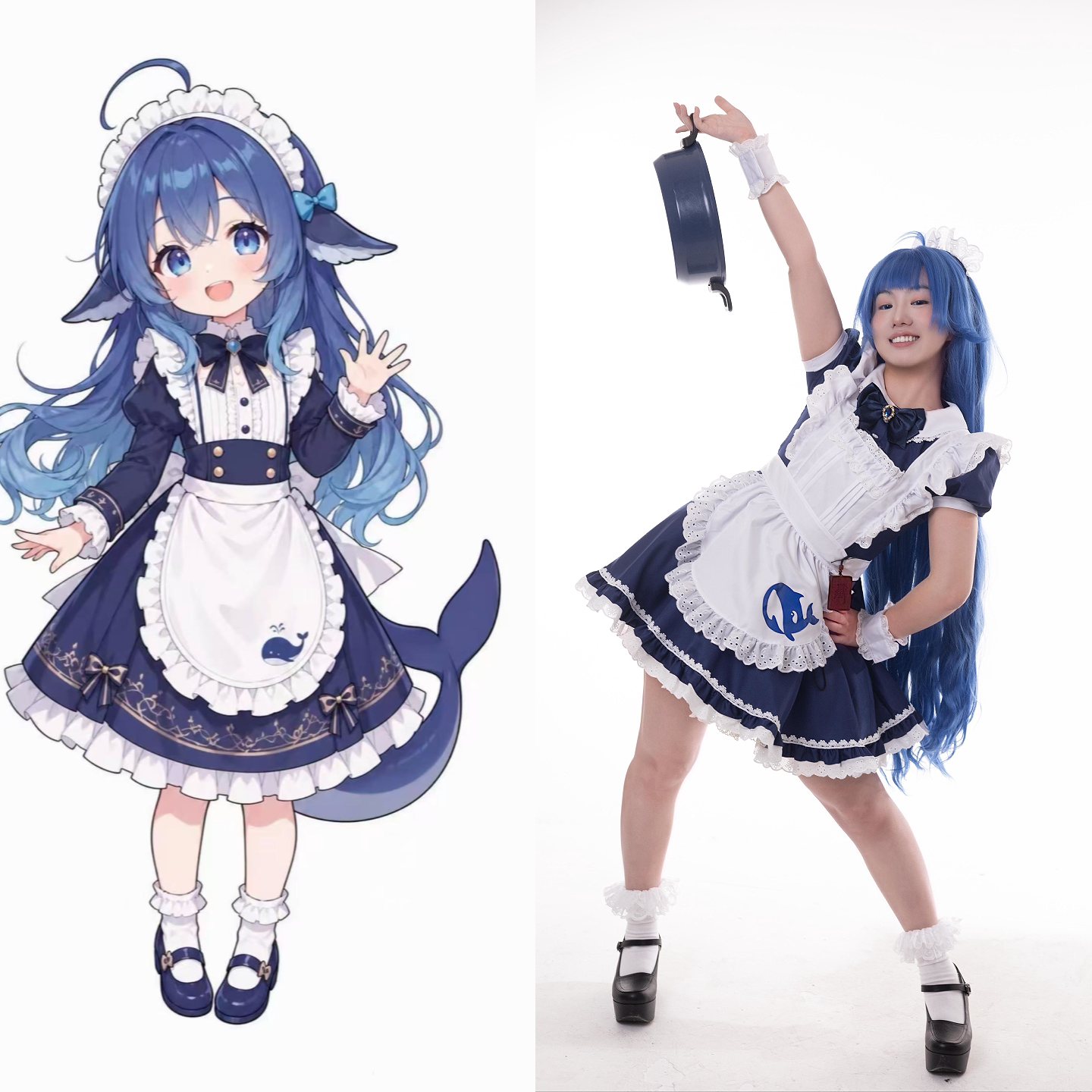大肥鱼cos Deepseek 大鲸鱼娘Cosplay服装 深蓝色短裙女仆套装