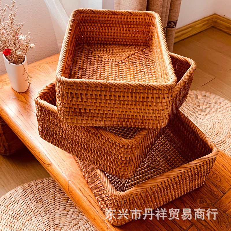脏衣篮藤编收纳篮手工编织长方形手提筐客厅杂物整理盒三件套1