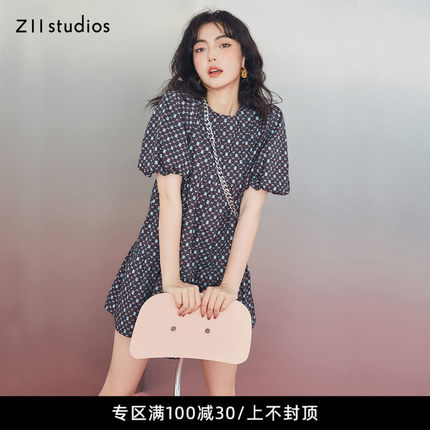 Z11女装 夏季新款时尚法式复古高腰泡泡袖宽松碎花雪纺连衣裙