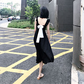 鲸鱼原创自制复古连衣裙夏拼白色蝴蝶结小黑裙飞袖 超仙雪纺中长裙