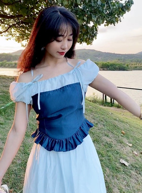 鲸鱼原创自制拼接蓝色蝴蝶结露肩圆弧下摆荷叶上衣仙纱半身套装裙