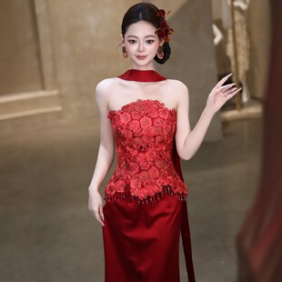 新中式红色抹胸蕾丝晚礼服女2026新款高级感款鱼尾订婚新娘敬酒服