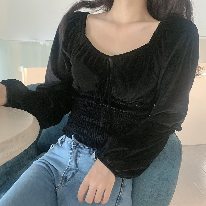 实拍现货# 赫本风方领露锁骨 显瘦丝绒长袖系带短款衬衫打底衫