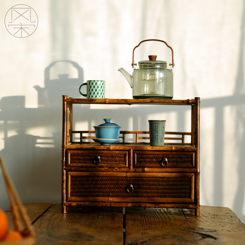 斑竹手作扇箱梅鹿竹制茶叶茶具收纳架茶杯茶壶整理展示茶桌边小柜