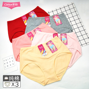 3条装彩田内裤女纯棉正品包臀三角裤大码内裤女高腰7005透气短裤
