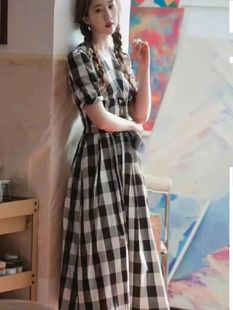 玫瑰故事黄亦玫刘亦菲同款黑白格子V领短衬衫高腰半身裙套装女夏