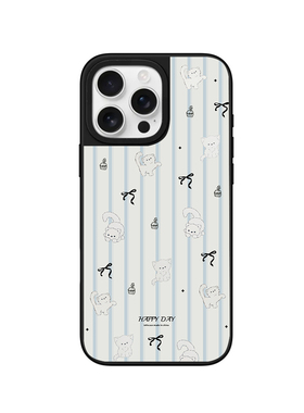 蓝色条纹小猫咪适用于苹果17全包17pro少女14防摔15小众16pro时尚15pro格纹16promax个性13可爱16pro定制安卓