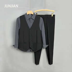 深灰色条纹衬衫黑马甲黑西裤三件套装男夜场服务员制服发型师工装