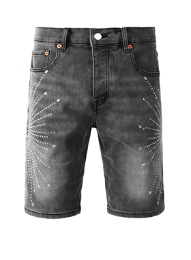 PUR JEANS 美式潮牌夏季新款烟灰色水洗独特烫钻图案修身牛仔短裤