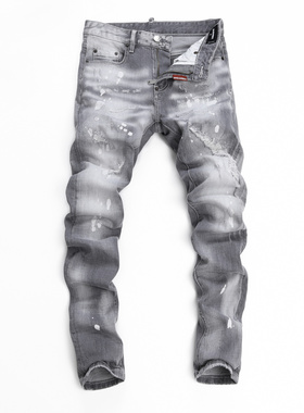 D2 JEANS欧美潮牌秋季新款烟灰色水洗刀割破坏补丁泼墨修身牛仔裤
