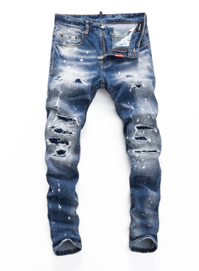 D2 JEANS美式潮牌新款蓝色磨白水洗油漆涂鸦破洞补丁修身牛仔裤男