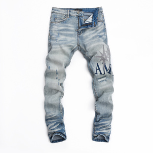 JEANS 牛仔裤 美式 星星刺绣LOGO贴布破洞补丁修身 高街潮牌新款 AMR