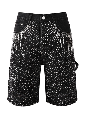 PUR JEANS 美式潮牌夏季新款个性潮流黑色满天星烫钻宽松牛仔短裤