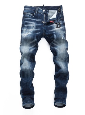 D2 JEANS欧洲站潮牌新款蓝色磨白水洗LOGO拼皮爪痕修身小脚牛仔裤