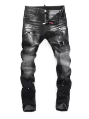 European Style New Men's Smoky Gray Washed Paint-Splattered Jeans with Ripped Patches, Stretchy Slim-Fit Skinny Pants