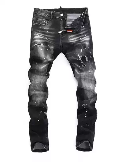 European Style New Men's Smoky Gray Washed Paint-Splattered Jeans with Ripped Patches, Stretchy Slim-Fit Skinny Pants