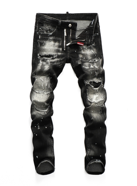 D2 JEANS欧洲站新款黑灰色水洗磨白涂鸦刮烂破坏补丁修身牛仔裤男