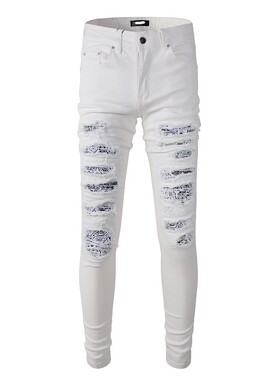 AMR JEANS 美式高街潮牌腰果花印花补丁破坏修身小脚白色牛仔裤男