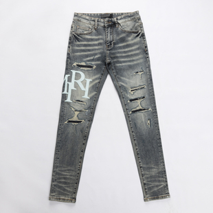 JEANS 牛仔裤 美式 LOGO贴布复古做旧水洗破洞补丁修身 潮牌新款 AMR