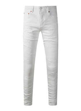 PUR JEANS 美式潮牌新款个性刀割刮烂破洞补丁修身白色牛仔裤男裤