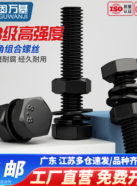 8.8级黑色外六角螺丝螺母高强度组合螺栓螺钉平垫弹垫套装M6-M16