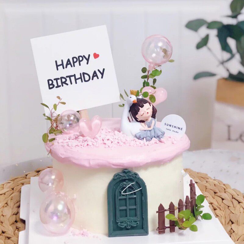 烘焙蛋糕装饰皇冠天鹅酣睡女孩小公主生日快乐蛋糕装饰甜品台摆件