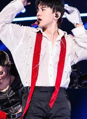 张杰同款白色翻领长袖飘带衬衣手工珠片羽毛设计宴会舞蹈轻奢潮牌