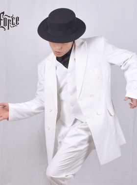成人白色西服中长款Popping机械舞Locking街舞嘻哈表演出服