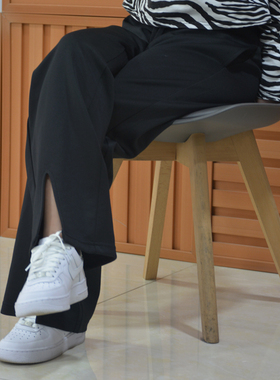 高腰前开叉休闲裤男女显瘦黑色宽松阔腿垂感分叉拖地微喇叭长裤