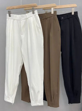 男女同款冰丝空调哈伦休闲裤松紧腰设计感小西裤加肥加大肥佬束脚