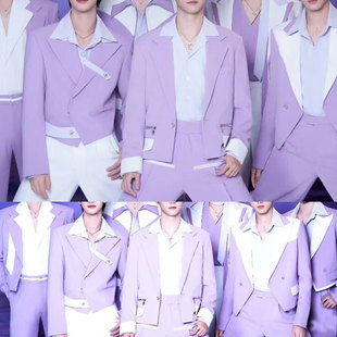 时代男团同色不同款西服套装紫色外套街舞团舞年会演出服团队舞蹈