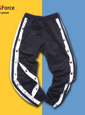 潮男侧白纽扣开叉束脚裤免脱裤潮男九分加肥加大码运动休闲卫裤子