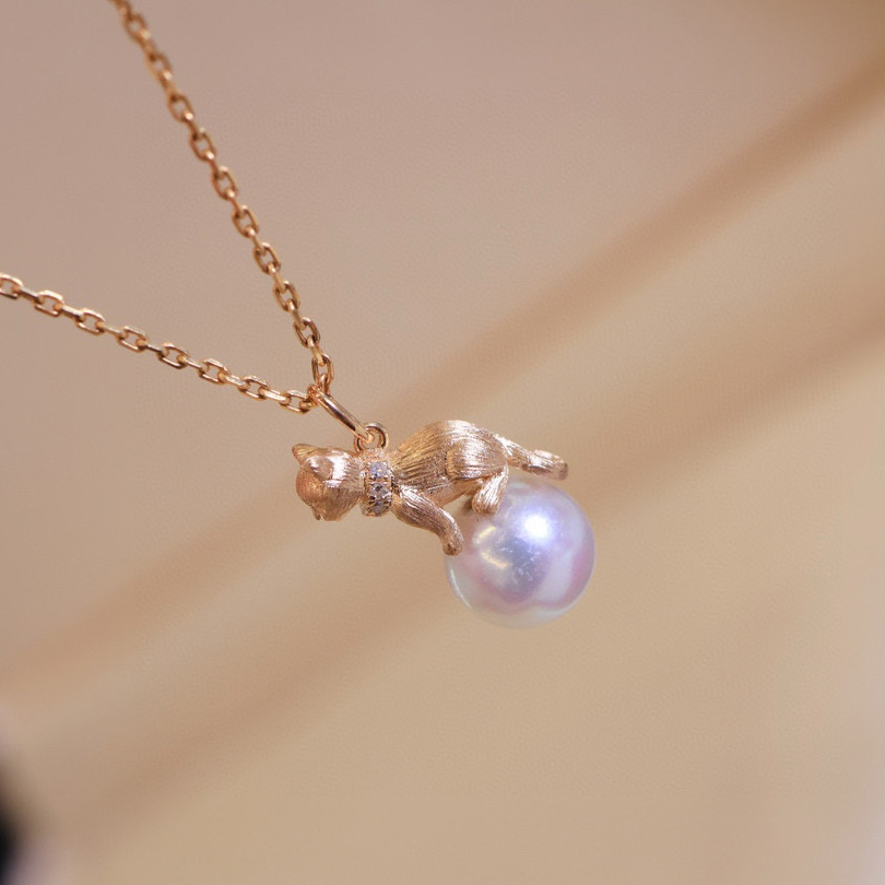 18K金钻石9-11.5mm南洋金珠珍珠吊坠空托DIY猫咪戏珠款颈饰配件