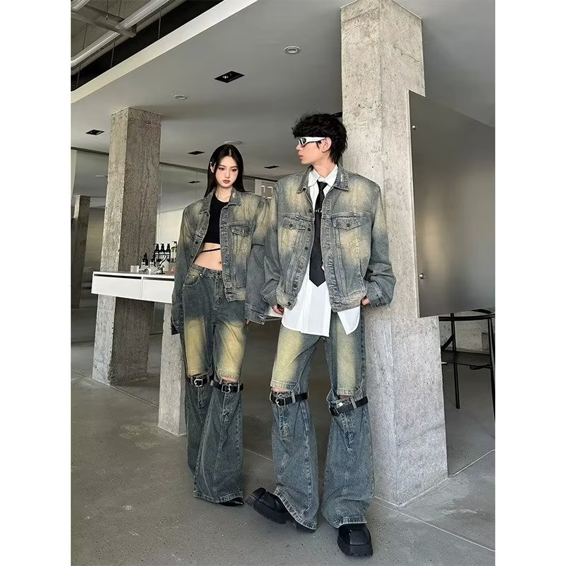 情侣裤子美式复古水洗做旧一男一女春秋季潮牌高街宽松百搭牛仔裤