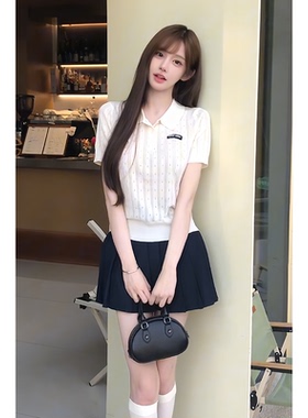 韩系白色刺绣短袖针织衫女夏季小个子高腰显瘦百褶半身裙两件式套
