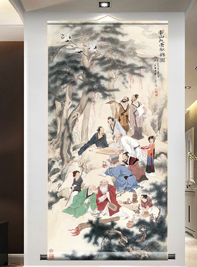 听琴图国画人物松柏绢布古画打印