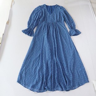 连衣裙V领后拉链收腰时尚 长袖 百搭A字长裙C8M 女长款 春秋季