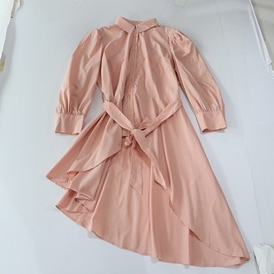 衬衫 长袖 连衣裙方领纽扣腰带收腰不规则百搭裙C8M 女中长款 春秋季