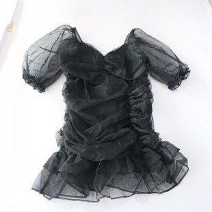 连衣裙V领后拉链收腰时尚 七分袖 百搭褶皱裙C8M 女中长款 春夏季