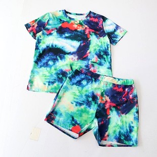 青年套装 夏季 彩色T恤圆领套头宽松上衣松紧腰短裤 男短袖 新品