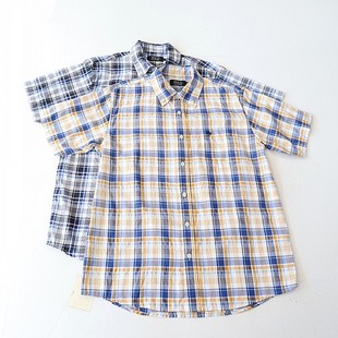 格子衬衫 男短袖 棉方领纽扣宽松休闲刺绣青年百搭上衣5X 新品 夏季