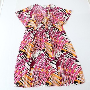 花色连衣裙V领套头松紧收腰时尚 女短袖 百搭A字长裙人棉3X 新品 夏季