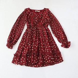 波点连衣裙圆领纽扣套头松紧收腰百褶A字裙C8M 长袖 春秋季 女中长款