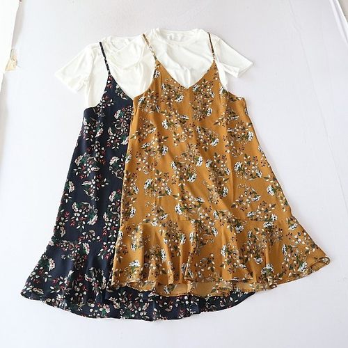 夏季女中长款碎花吊带连衣裙两件套内搭短袖弹力T恤V领A字裙H1