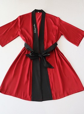 春夏季女中长款七分袖睡袍仿真丝睡衣V领系带撞色居家睡裙C8M