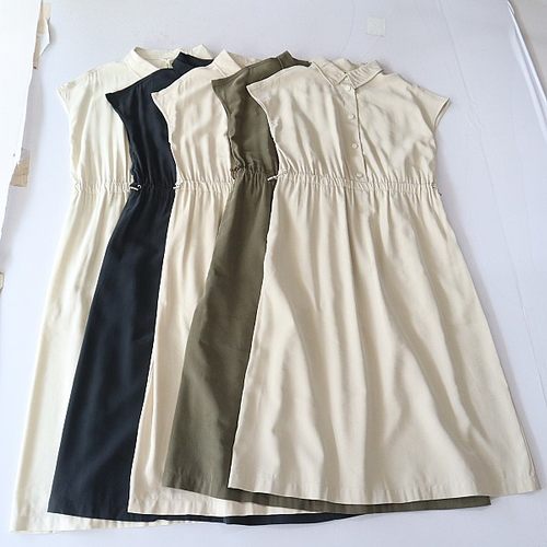 春夏季新品女中长款小飞袖衬衫连衣裙天丝棉松紧腰修身A字裙D1
