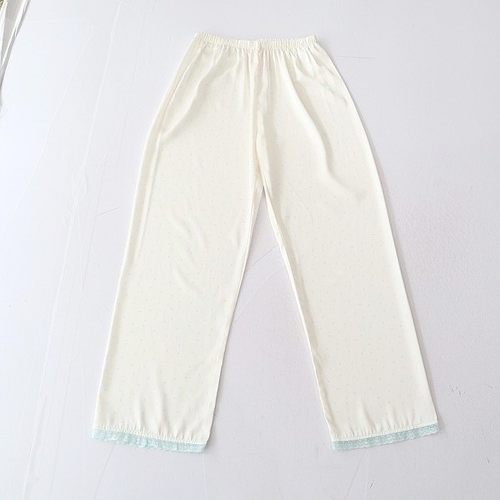 春秋季新品女波点长裤仿真丝松紧腰宽松拼接蕾丝直筒居家睡裤R1